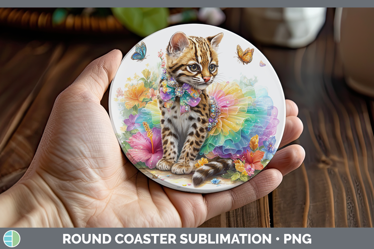 Wild Cats Rainbow Summer Margay Cat Round Coaster Sublimatio