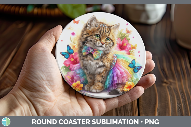 Wild Cats Rainbow Summer Pampas Cat Round Coaster Sublimatio