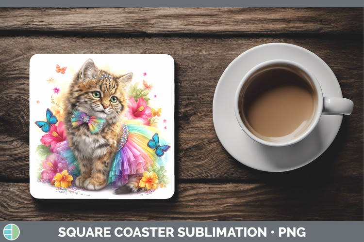 Wild Cats Rainbow Summer Pampas Cat Square Coaster Sublimati