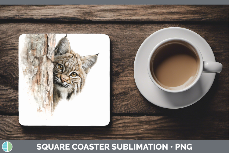 Bobcat Wild Cats Tree Peek Square Coaster Sublimation Design