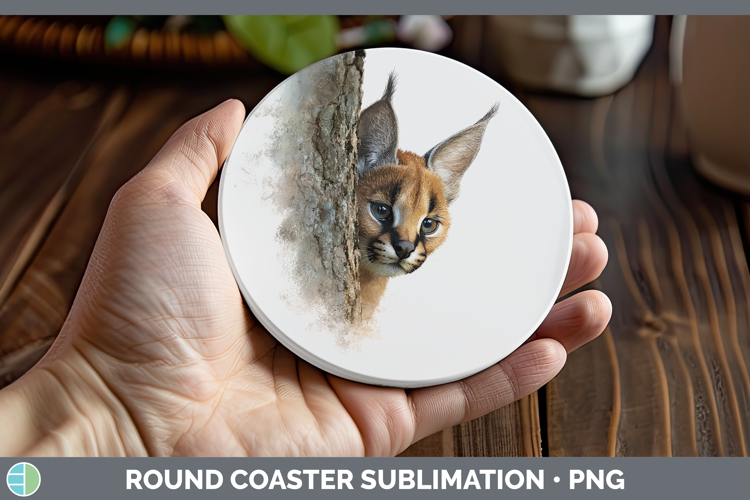 Caracal Wild Cats Tree Peek Round Coaster Sublimation Design