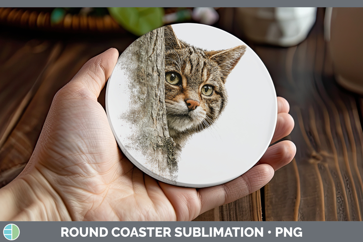 European Wildcat Wild Cats Tree Peek Round Coaster Sublimati