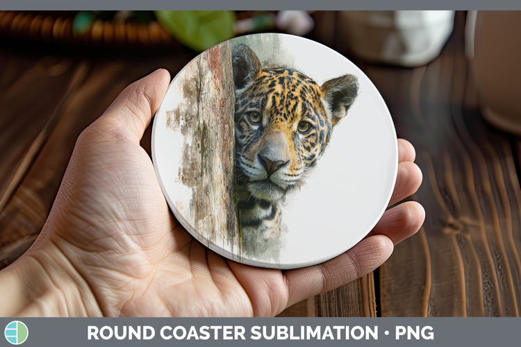 Jaguar Wild Cats Tree Peek Round Coaster Sublimation Design
