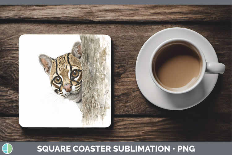 Ocelot Wild Cats Tree Peek Square Coaster Sublimation Design