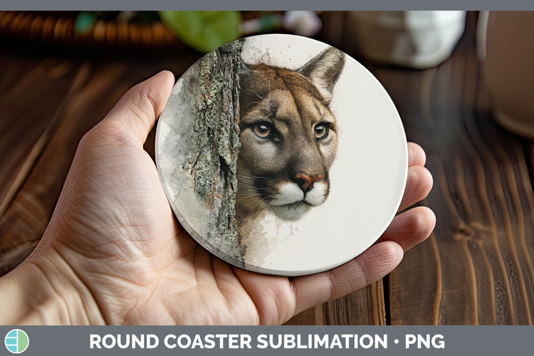 Puma Concolor Wild Cats Tree Peek Round Coaster Sublimation
