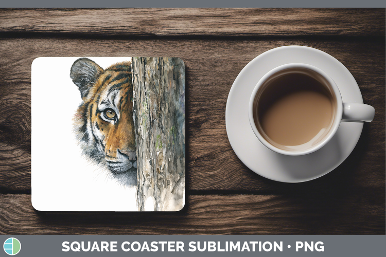 Tiger Wild Cats Tree Peek Square Coaster Sublimation Design