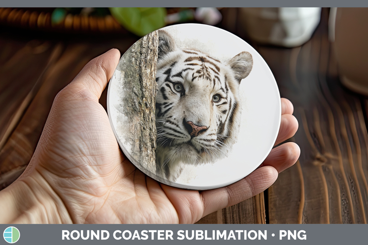 White Tiger Wild Cats Tree Peek Round Coaster Sublimation De