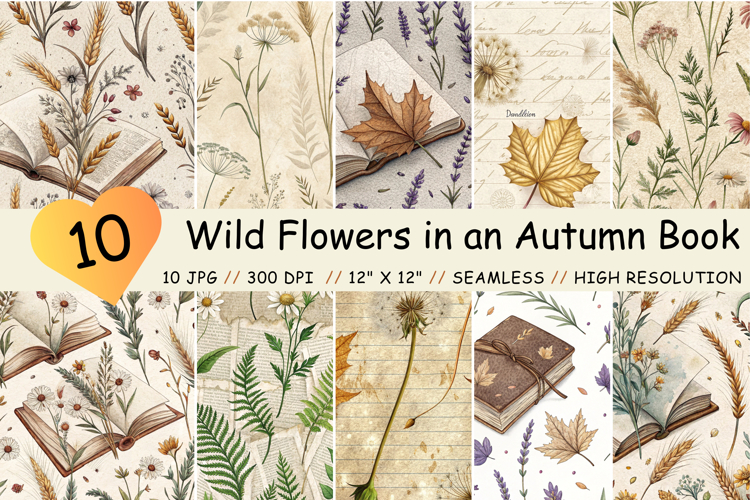 Wild Flowers Autumn Book Seamless Pattern, Digital Paper