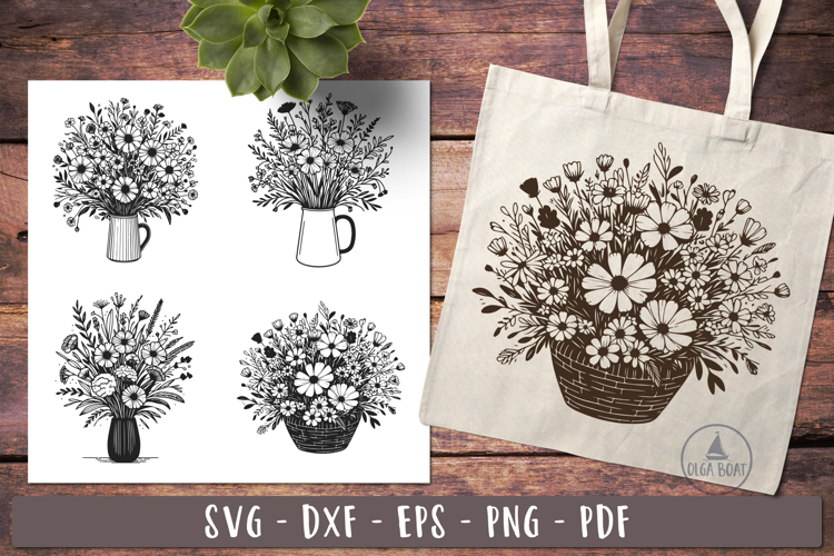 Wild flowers svg Vintage black and white design