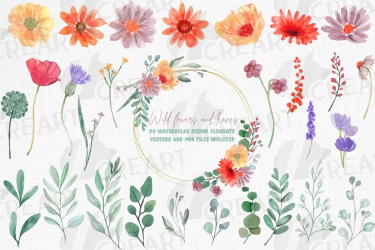 Watercolor wild flowers with green leaves wedding clipart. example image 1