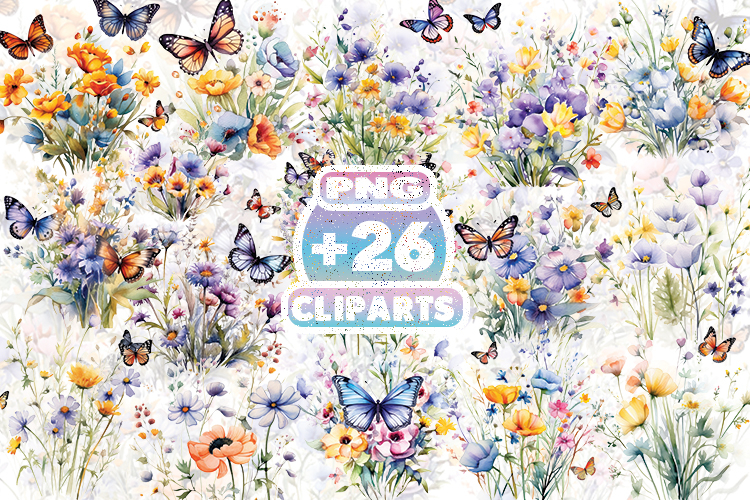 Wild Flowers with Butterfly Clipart | Watercolor Floral PNG
