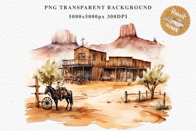 Wild West Rancho Landscape House Western Cowboy Vintage Clipart Decor Art Image Watercolor Transparent Print illustration sublimation creepy printable digital watercolor Western Rancho House, Wild West Texas cowboy clipart, vintage ranches decoration art