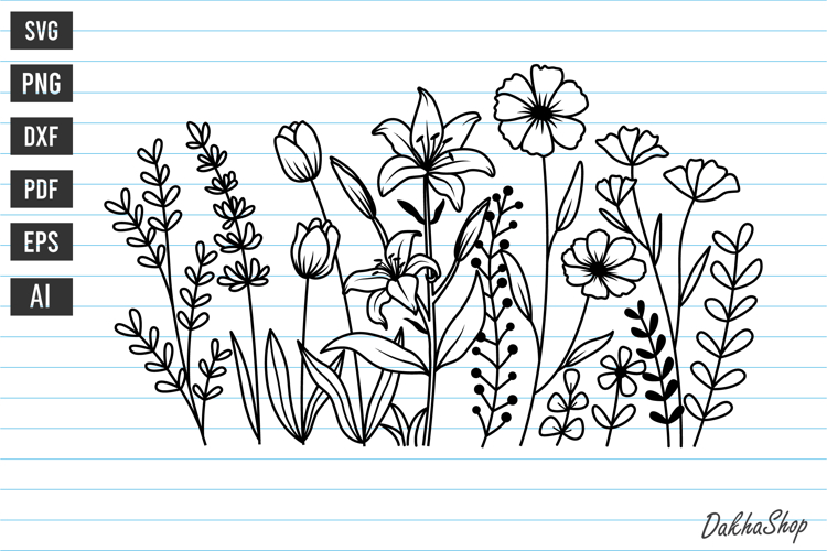 Flower Svg, Flower Meadow, Wildflower Svg, flower line Art.
