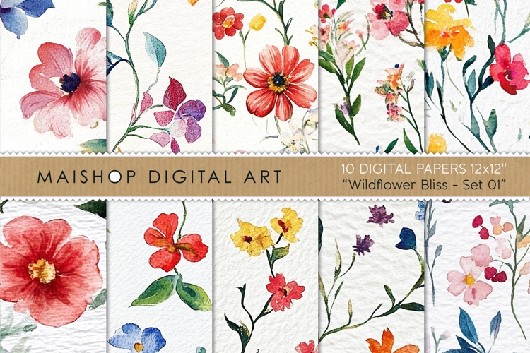 Vibrant Wildflower Digital Watercolor Seamless Papers