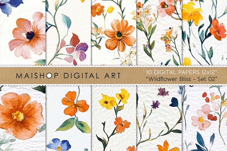 Vibrant Summer Wildflower Digital Watercolor Seamless Papers