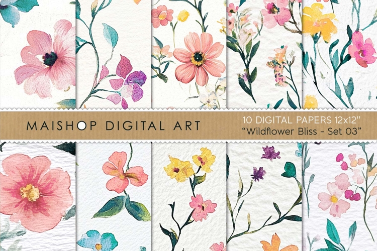 Pastel Wildflower Digital Watercolor Seamless Papers