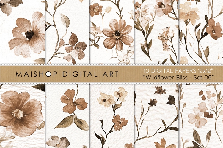 Sepia Wildflower Seamless Watercolor Digital Papers