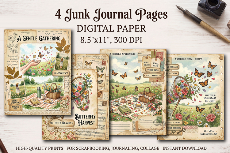 Wildflower meadow junk journal pages, scrapbooking papers