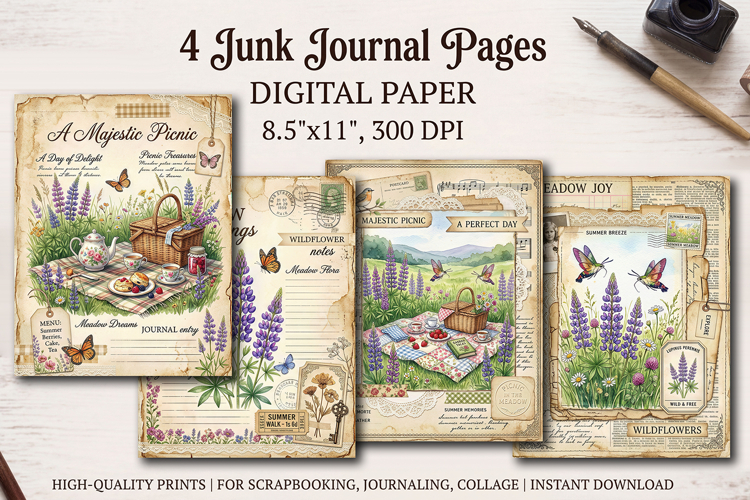 Wildflower meadow junk journal pages, scrapbooking papers