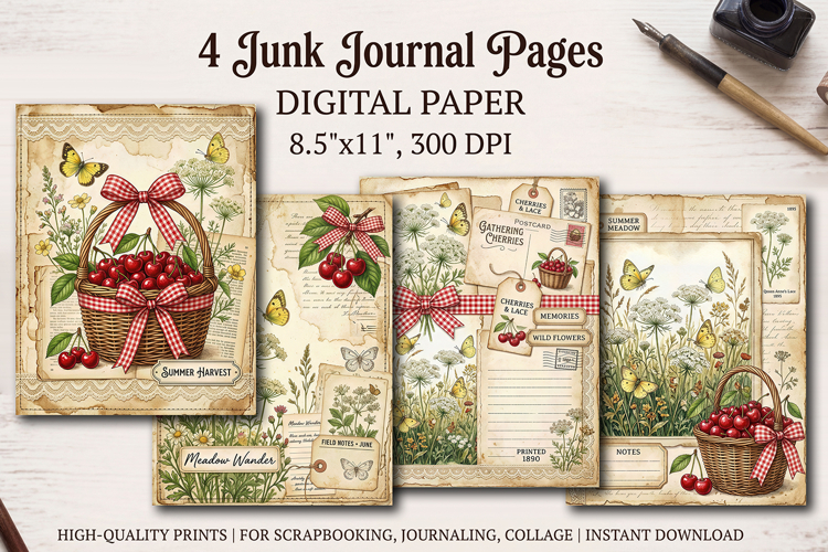 Wildflower meadow junk journal pages, scrapbooking papers