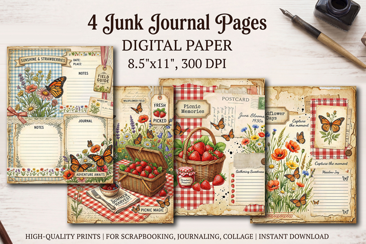 Wildflower meadow junk journal pages, scrapbooking papers