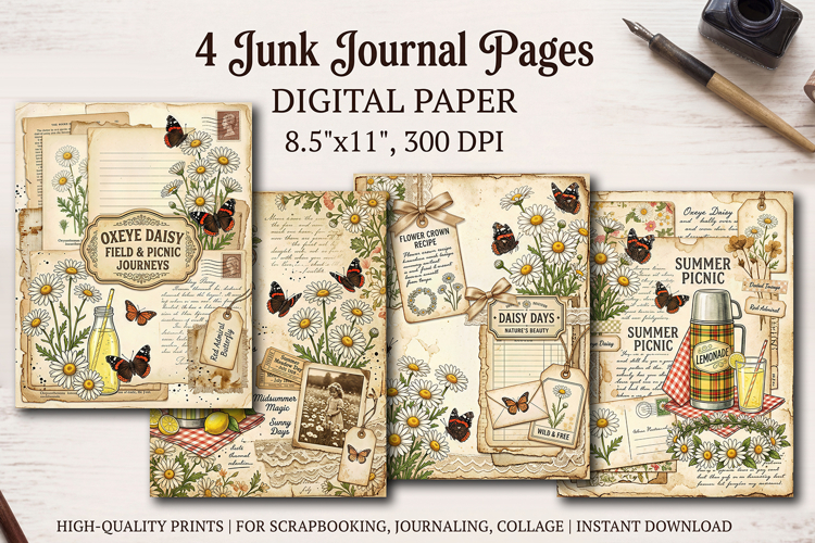 Wildflower meadow junk journal pages, scrapbooking papers