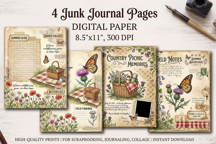 Wildflower meadow junk journal pages, scrapbooking papers