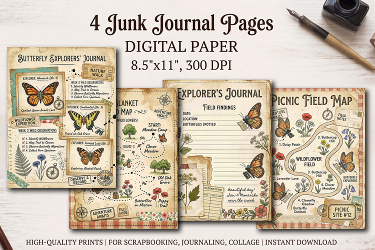 Wildflower meadow junk journal pages, scrapbooking papers