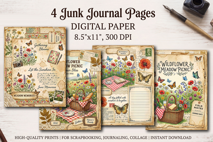 Wildflower meadow junk journal pages, scrapbooking papers