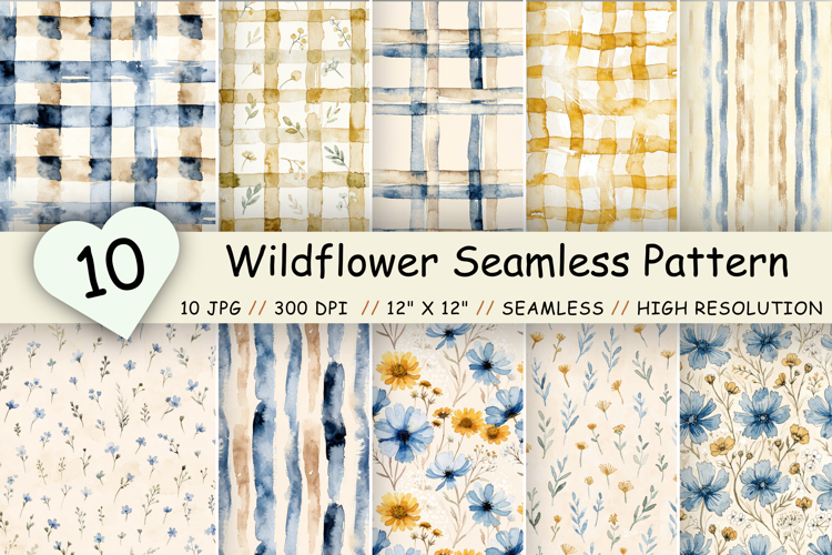 Wildflower Seamless Pattern Bundle, Watercolor Cottagecore
