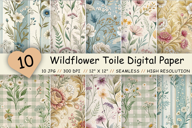 Wildflower Toile Digital Paper Pack, Vintage Floral Toile