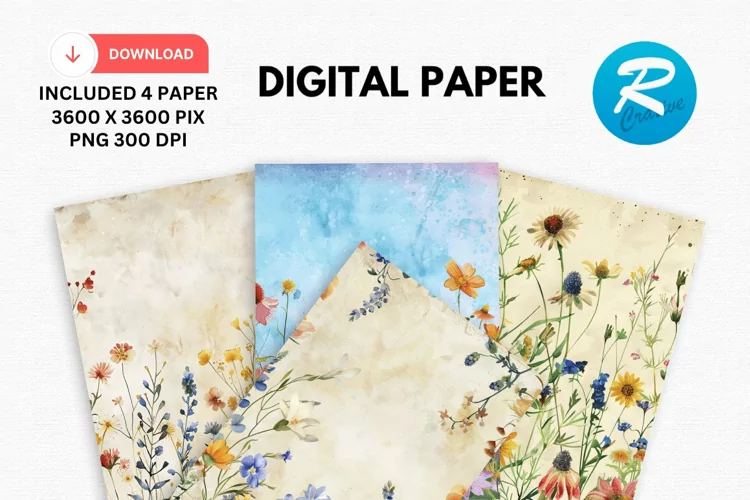 Watercolor Wildflower Digital Paper, Wildflower Background