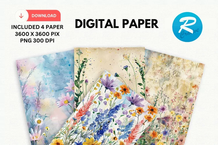 Watercolor Wildflower Digital Paper, Wildflower Background
