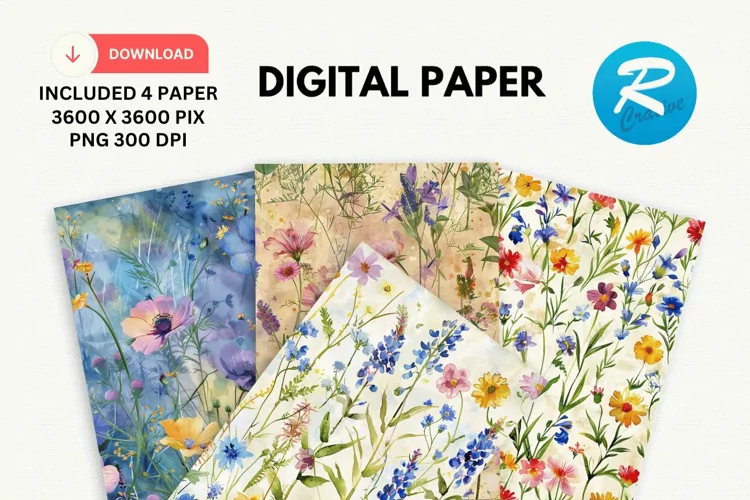 Watercolor Wildflower Digital Paper, Wildflower Background