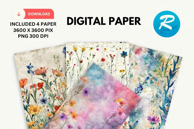 Watercolor Wildflower Digital Paper, Wildflower Background