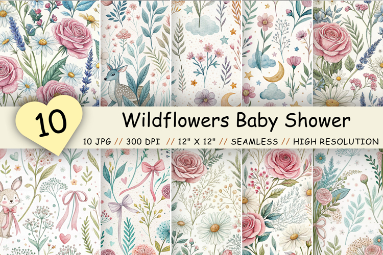 Wildflowers Baby Shower Seamless Pattern, Watercolor Floral