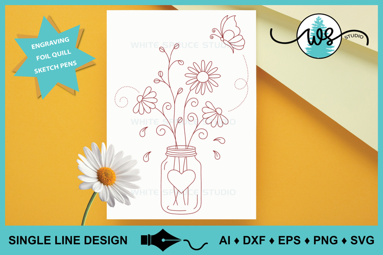 Single Line Design, Foil Quill, Flowers Butterfly, Mason Jar