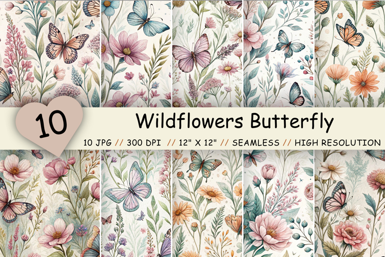 Wildflowers Butterfly Watercolor Pattern, Floral Butterfly
