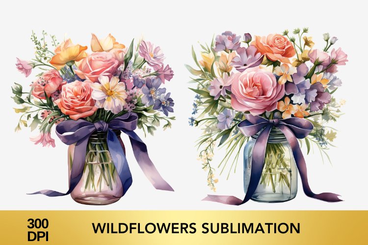 Watercolor Spring Flowers Clipart, Wildflowers Sublimation