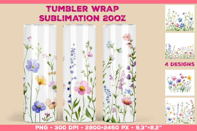 Tumbler Wrap Sublimation Design with Watercolor Wildflowers
