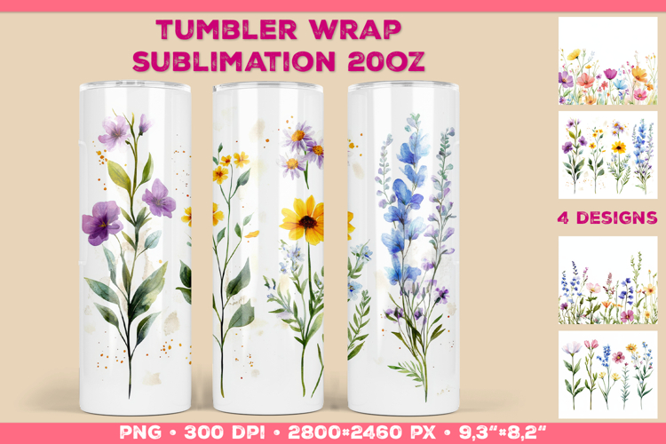 Tumbler Wrap Sublimation Design with Watercolor Wildflowers