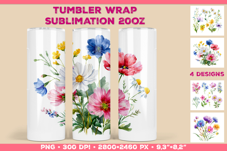 Tumbler Wrap Sublimation Design with Watercolor Wildflowers