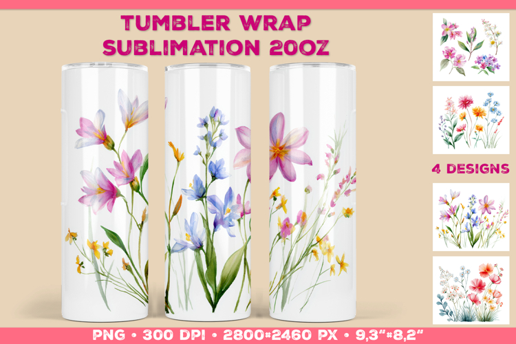 Tumbler Wrap Sublimation Design with Watercolor Wildflowers