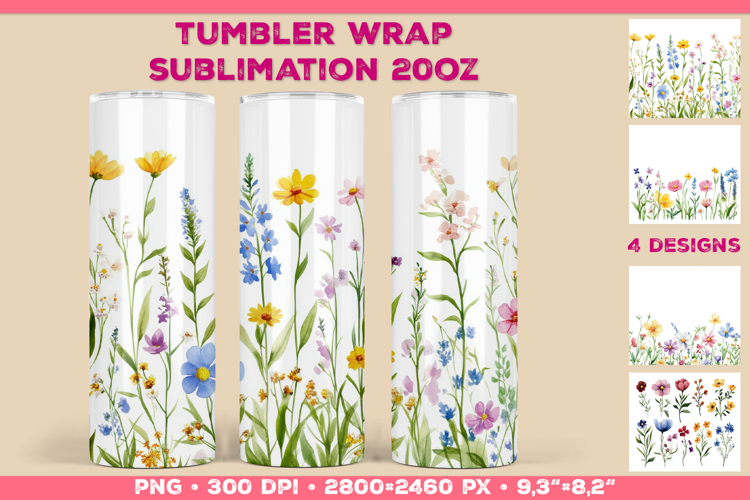 Tumbler Wrap Sublimation Design with Watercolor Wildflowers