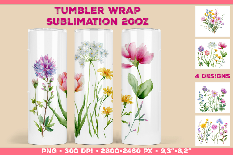 Tumbler Wrap Sublimation Design with Watercolor Wildflowers