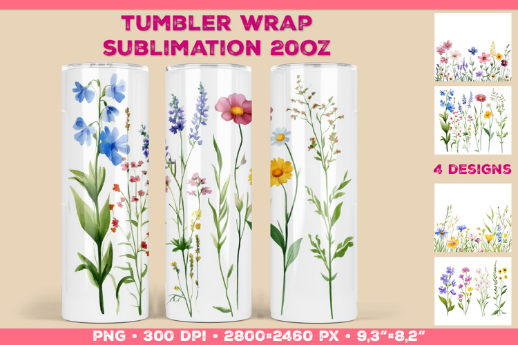 Tumbler Wrap Sublimation Design with Watercolor Wildflowers