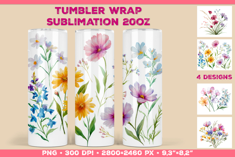Tumbler Wrap Sublimation Design with Watercolor Wildflowers