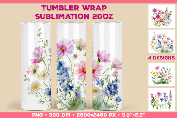 Tumbler Wrap Sublimation Design with Watercolor Wildflowers