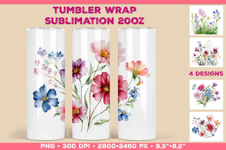 Tumbler Wrap Sublimation Design with Watercolor Wildflowers