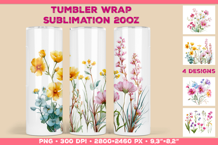 Tumbler Wrap Sublimation Design with Watercolor Wildflowers